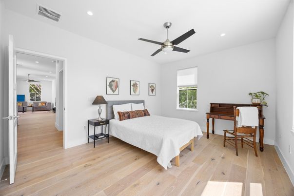 Bedroom, Interior, Recessed Lighting, Wood Texture Flooring