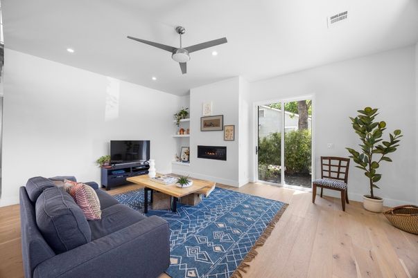 Fireplace, Interior, Living room, Recessed Lighting, Wood Texture Flooring