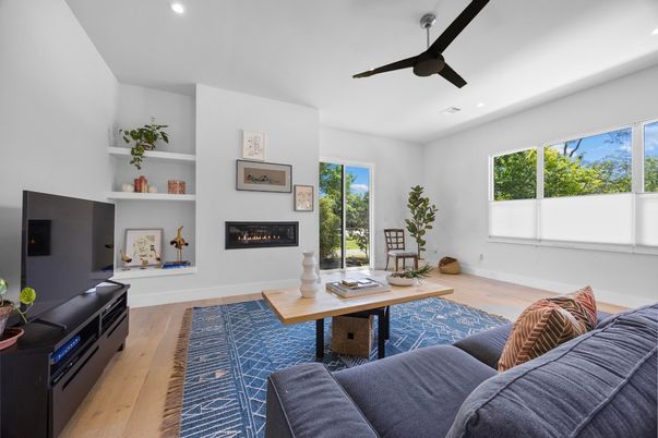 Fireplace, Home Office, Interior, Living room, Recessed Lighting, Wood Texture Flooring