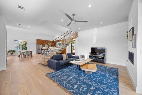 Dining room, Interior, Living room, Recessed Lighting, Wood Texture Flooring