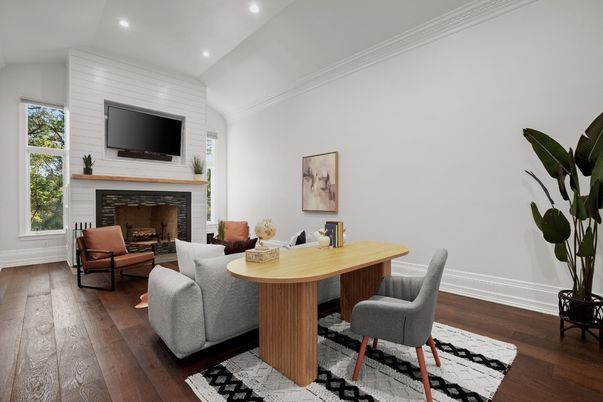 Dining room, Fireplace, Interior, Living room, Recessed Lighting, Wood Texture Flooring