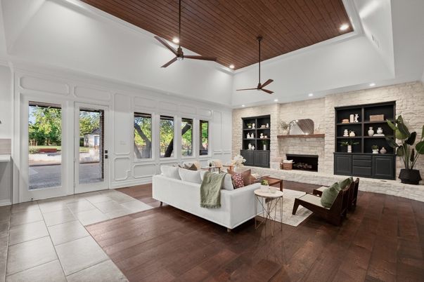Fireplace, Interior, Living room, Recessed Lighting, Stone Walls, Wooden Ceilings, Wood Texture Flooring