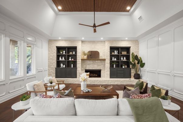 Fireplace, Interior, Living room, Recessed Lighting, Stone Walls, Wooden Ceilings, Wood Texture Flooring
