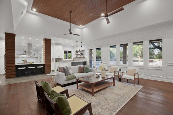 Interior, Kitchen, Living room, Pendant Lights, Recessed Lighting, Wooden Ceilings, Wood Texture Flooring
