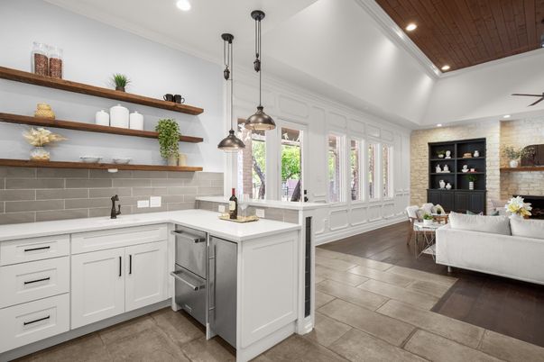 Interior, Kitchen, Pendant Lights, Recessed Lighting, Stone Walls, Wooden Ceilings, Wood Texture Flooring