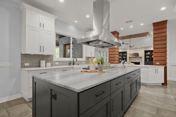 Fireplace, Interior, Kitchen, Pendant Lights, Recessed Lighting, Stainless Steel Appliances