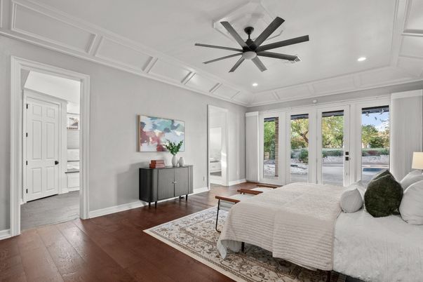 Bedroom, Interior, Recessed Lighting, Wood Texture Flooring