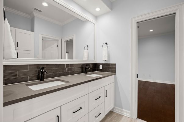 Bathroom, Dual Sink Vanities, Interior, Recessed Lighting, Wood Texture Flooring