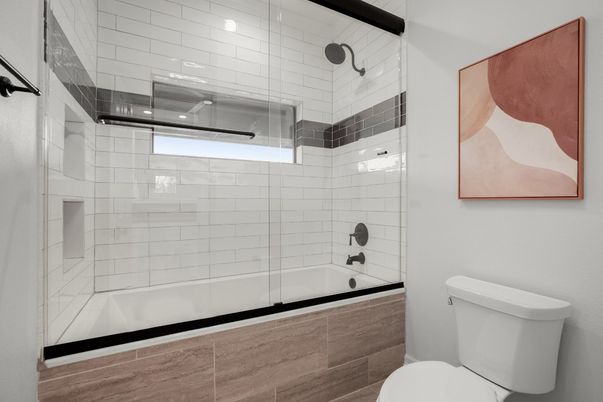 Bathroom, Glass Shower, Interior, Wood Texture Flooring