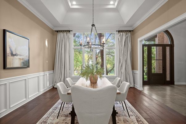 Dining room, Interior, Pendant Lights, Recessed Lighting, Wood Texture Flooring