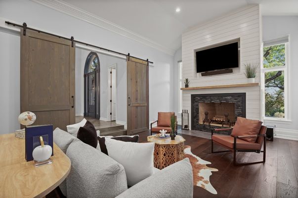 Fireplace, Interior, Living room, Recessed Lighting, Wood Texture Flooring