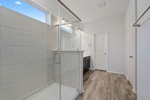 Bathroom, Glass Shower, Interior, Wood Texture Flooring