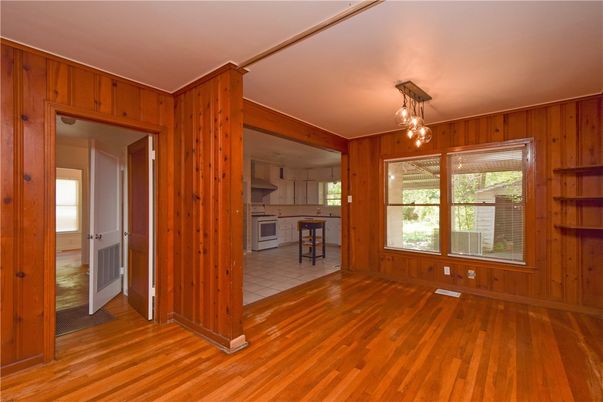 Empty room, Interior, Kitchen, Pendant Lights, Wood Texture Flooring, Wooden Walls