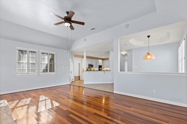 Empty room, Interior, Kitchen, Pendant Lights, Recessed Lighting, Wood Texture Flooring