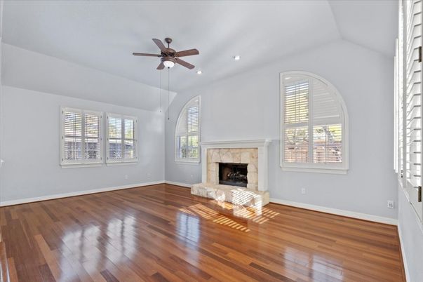 Empty room, Fireplace, Interior, Recessed Lighting, Wood Texture Flooring