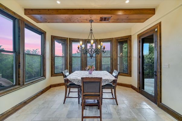 Chandelier, Dining room, Interior, Recessed Lighting, Wooden Beams