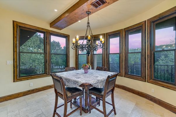 Chandelier, Dining room, Interior, Recessed Lighting, Wooden Beams