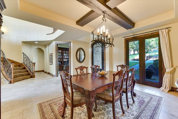 Chandelier, Dining room, Interior, Wooden Beams