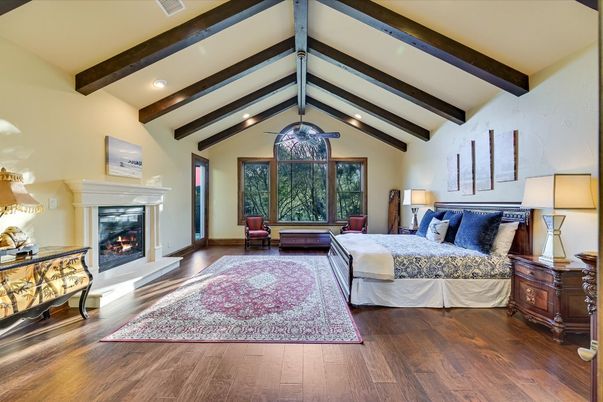 Bedroom, Fireplace, Interior, Recessed Lighting, Wooden Beams, Wood Texture Flooring