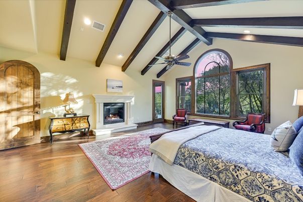Bedroom, Fireplace, Interior, Recessed Lighting, Wooden Beams, Wood Texture Flooring
