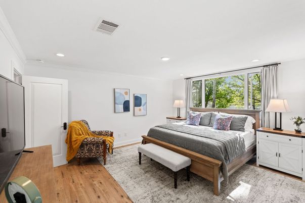 Bedroom, Interior, Recessed Lighting, Wood Texture Flooring