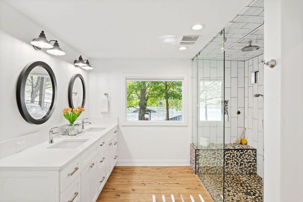 Bathroom, Dual Sink Vanities, Glass Shower, Interior, Recessed Lighting, Wood Texture Flooring