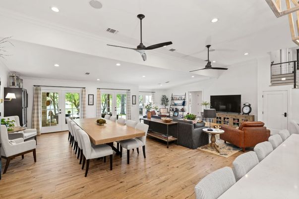 Dining room, Interior, Living room, Recessed Lighting, Wood Texture Flooring
