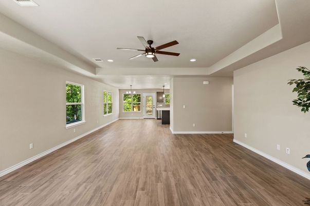Empty room, Interior, Pendant Lights, Recessed Lighting, Wood Texture Flooring