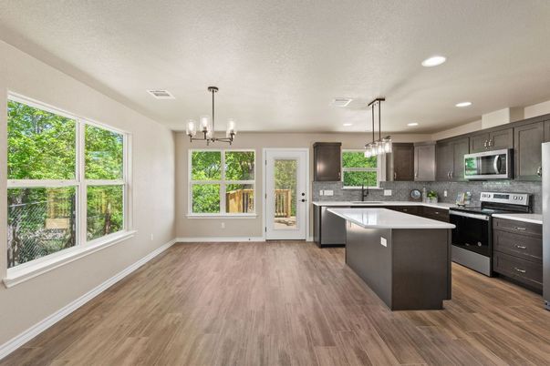 Chandelier, Interior, Kitchen, Pendant Lights, Recessed Lighting, Stainless Steel Appliances, Wood Texture Flooring