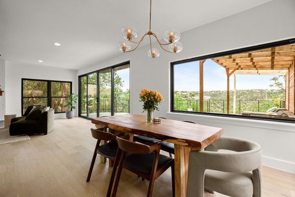Dining room, Interior, Pendant Lights, Recessed Lighting, Wood Texture Flooring