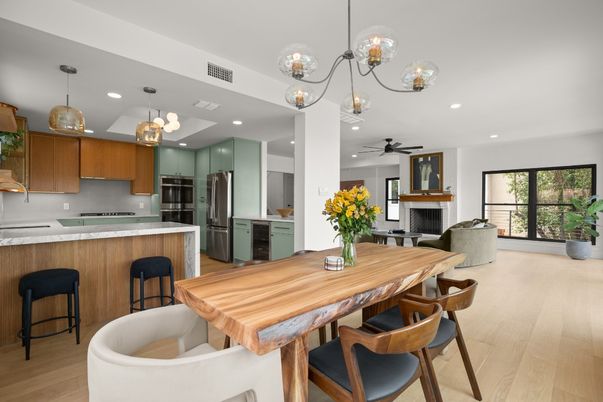 Dining room, Fireplace, Interior, Kitchen, Pendant Lights, Recessed Lighting, Stainless Steel Appliances, Wood Texture Flooring