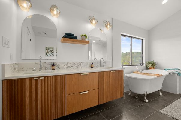 Bathroom, Dual Sink Vanities, Free Standing Baths, Interior, Marble Walls, Recessed Lighting