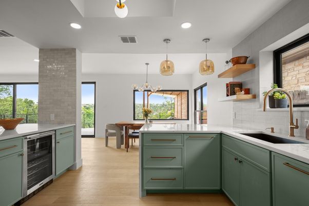 Dining room, Interior, Kitchen, Pendant Lights, Recessed Lighting, Wood Texture Flooring