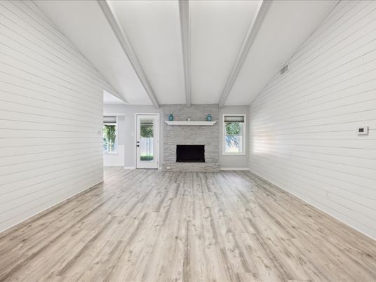 Empty room, Fireplace, Interior, Stone Walls, Wood Texture Flooring