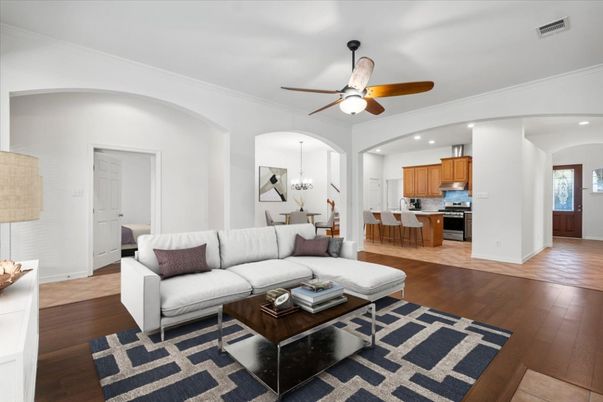 Chandelier, Dining room, Interior, Kitchen, Living room, Pendant Lights, Recessed Lighting, Stainless Steel Appliances, Wood Texture Flooring