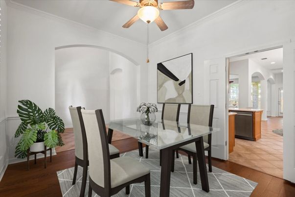 Dining room, Interior, Recessed Lighting, Wood Texture Flooring