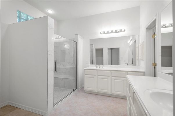 Bathroom, Dual Sink Vanities, Glass Shower, Interior, Recessed Lighting