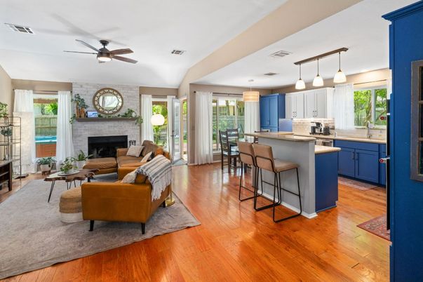 Fireplace, Interior, Kitchen, Living room, Pendant Lights, Stone Walls, Wood Texture Flooring