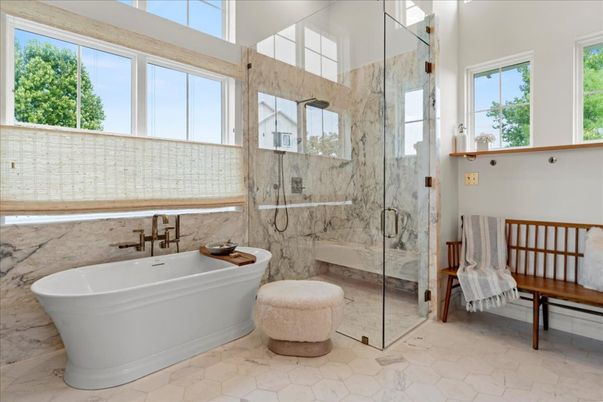 Bathroom, Free Standing Baths, Glass Shower, Interior, Marble, Marble Walls
