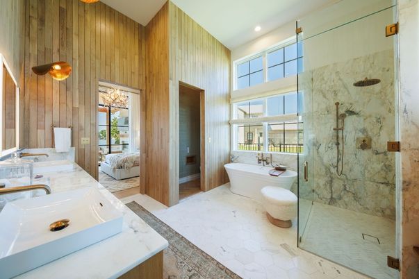 Bathroom, Free Standing Baths, Glass Shower, Interior, Recessed Lighting, Wooden Walls
