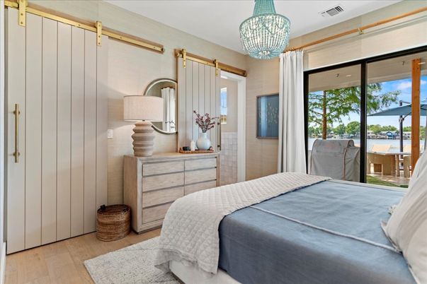 Bedroom, Chandelier, Interior, Water, Wood Texture Flooring