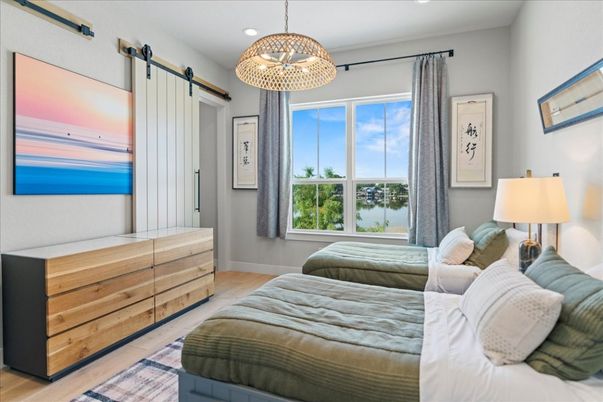 Bedroom, Interior, Pendant Lights, Recessed Lighting, Wood Texture Flooring