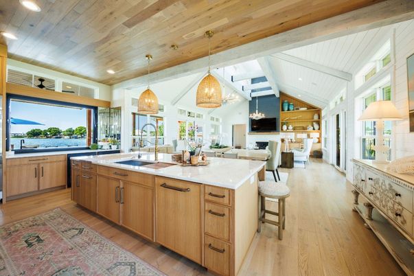Interior, Kitchen, Living room, Pendant Lights, Recessed Lighting, Wooden Ceilings, Wood Texture Flooring
