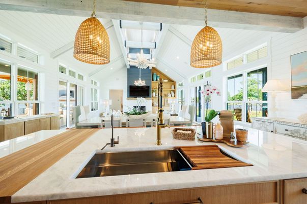 Fireplace, Interior, Kitchen, Pendant Lights, Recessed Lighting, Wooden Ceilings