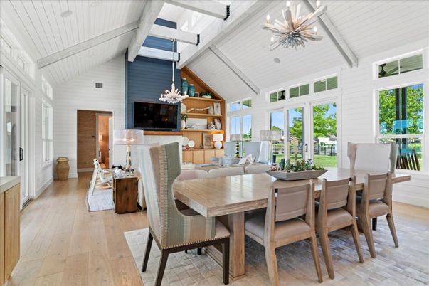 Dining room, Interior, Living room, Pendant Lights, Wood Texture Flooring