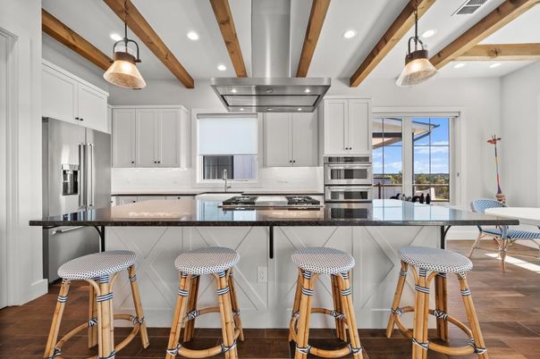 Interior, Kitchen, Pendant Lights, Recessed Lighting, Stainless Steel Appliances, Wooden Beams, Wood Texture Flooring