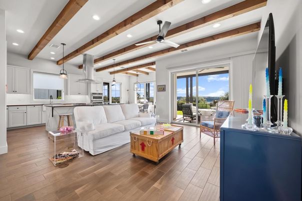 Interior, Kitchen, Living room, Pendant Lights, Recessed Lighting, Stainless Steel Appliances, Wooden Beams, Wood Texture Flooring