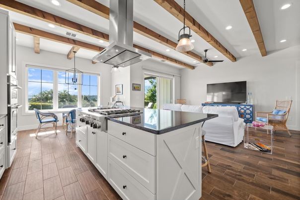 Interior, Kitchen, Pendant Lights, Recessed Lighting, Stainless Steel Appliances, Wooden Beams, Wood Texture Flooring