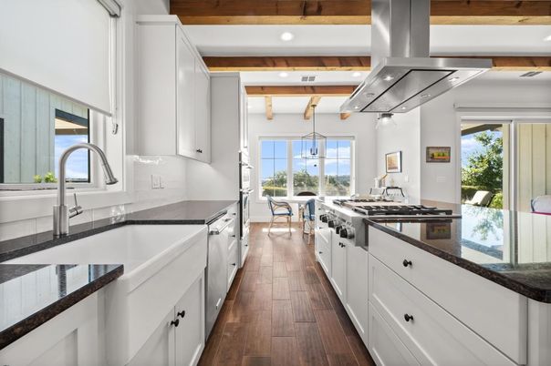 Dining room, Interior, Kitchen, Recessed Lighting, Stainless Steel Appliances, Wooden Beams, Wood Texture Flooring