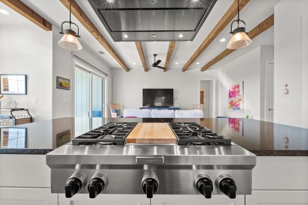 Interior, Kitchen, Pendant Lights, Recessed Lighting, Stainless Steel Appliances, Wooden Beams